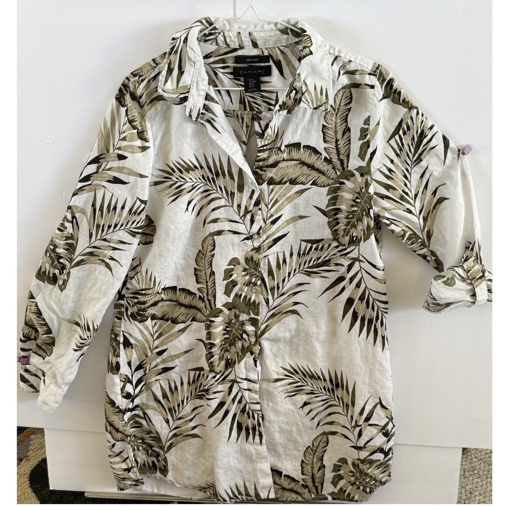 Tahari Womens 100% Linen Tropical Palm Leaf Roll Tab Button Down Shirt Medium